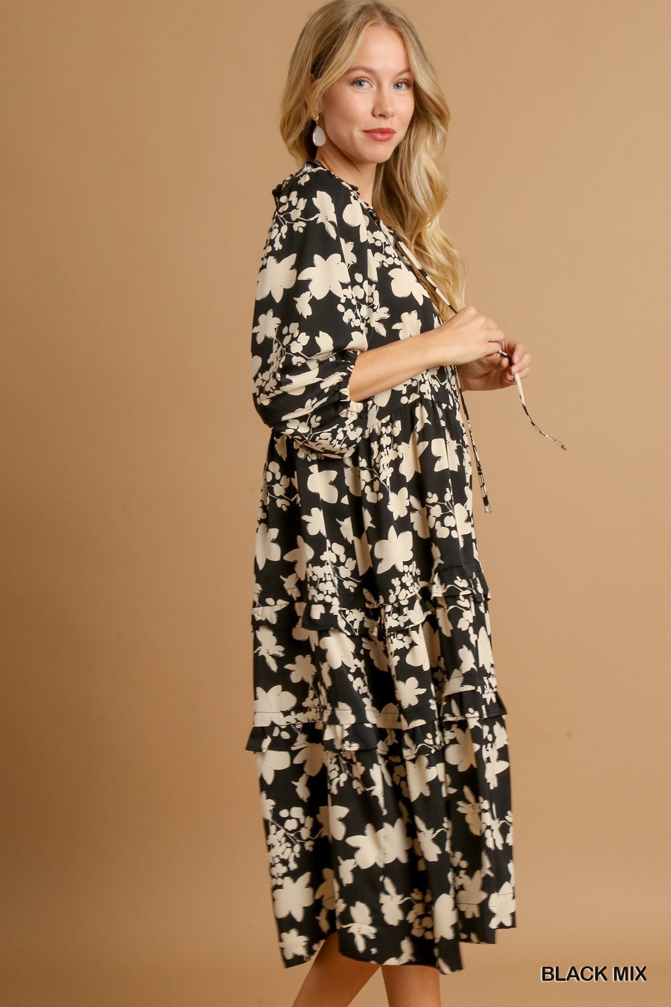 Two Tone Floral Printed Balloon Sleeve Midi Dress with Ruffle Detail