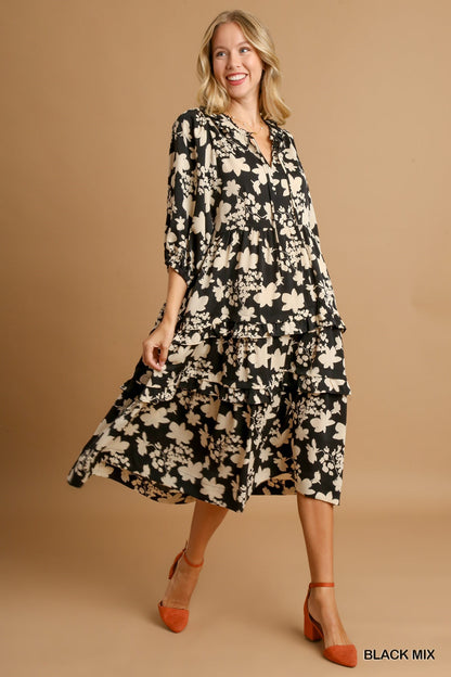 Two Tone Floral Printed Balloon Sleeve Midi Dress with Ruffle Detail