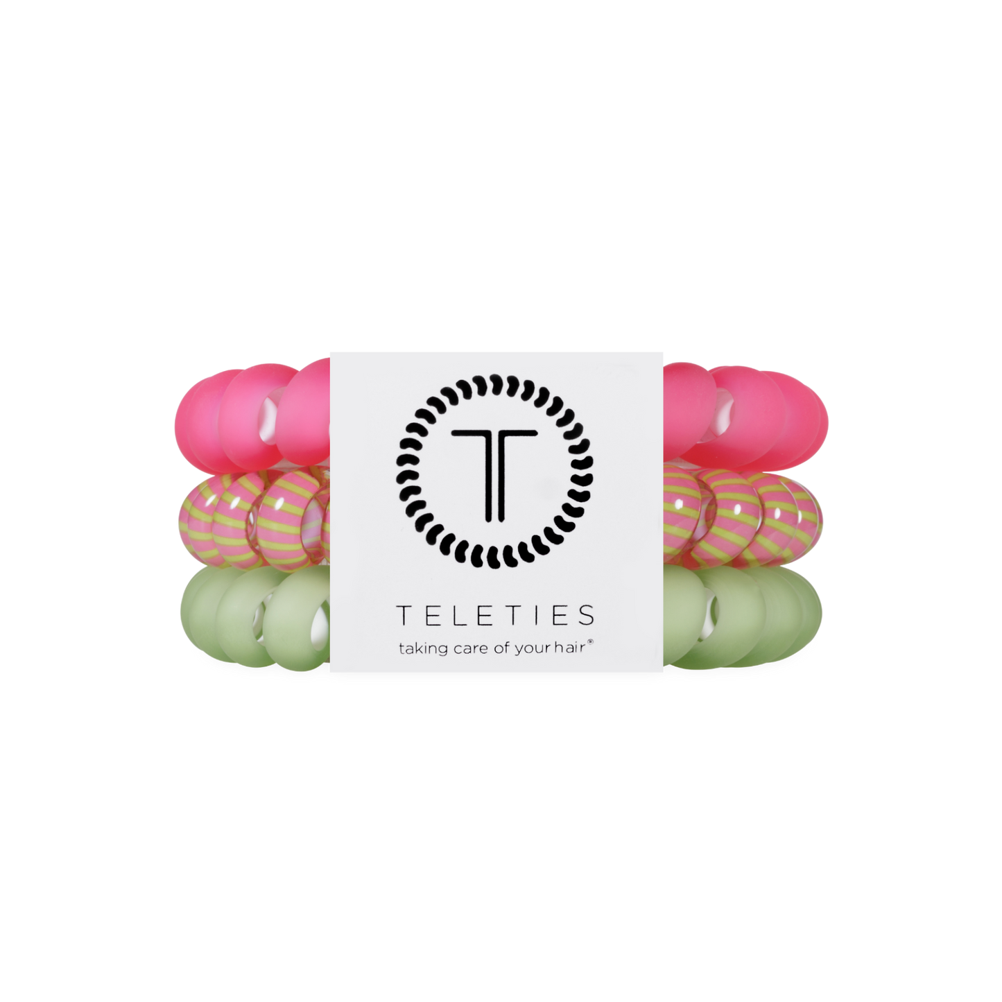 Set of colorful hair ties with a Teleties packaging on a white background