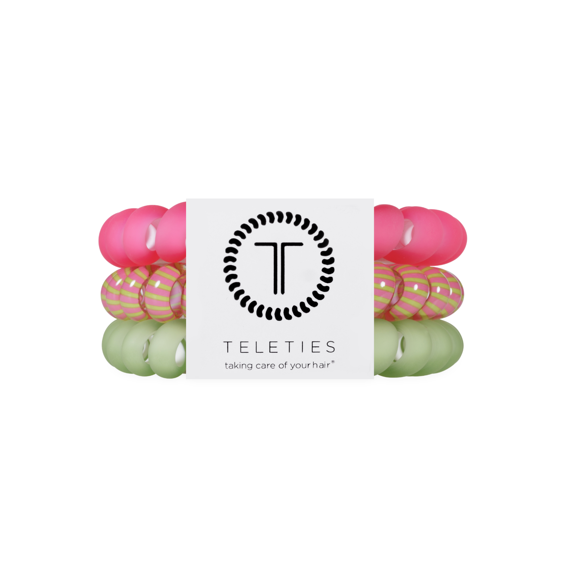 Set of colorful hair ties with a Teleties packaging on a white background