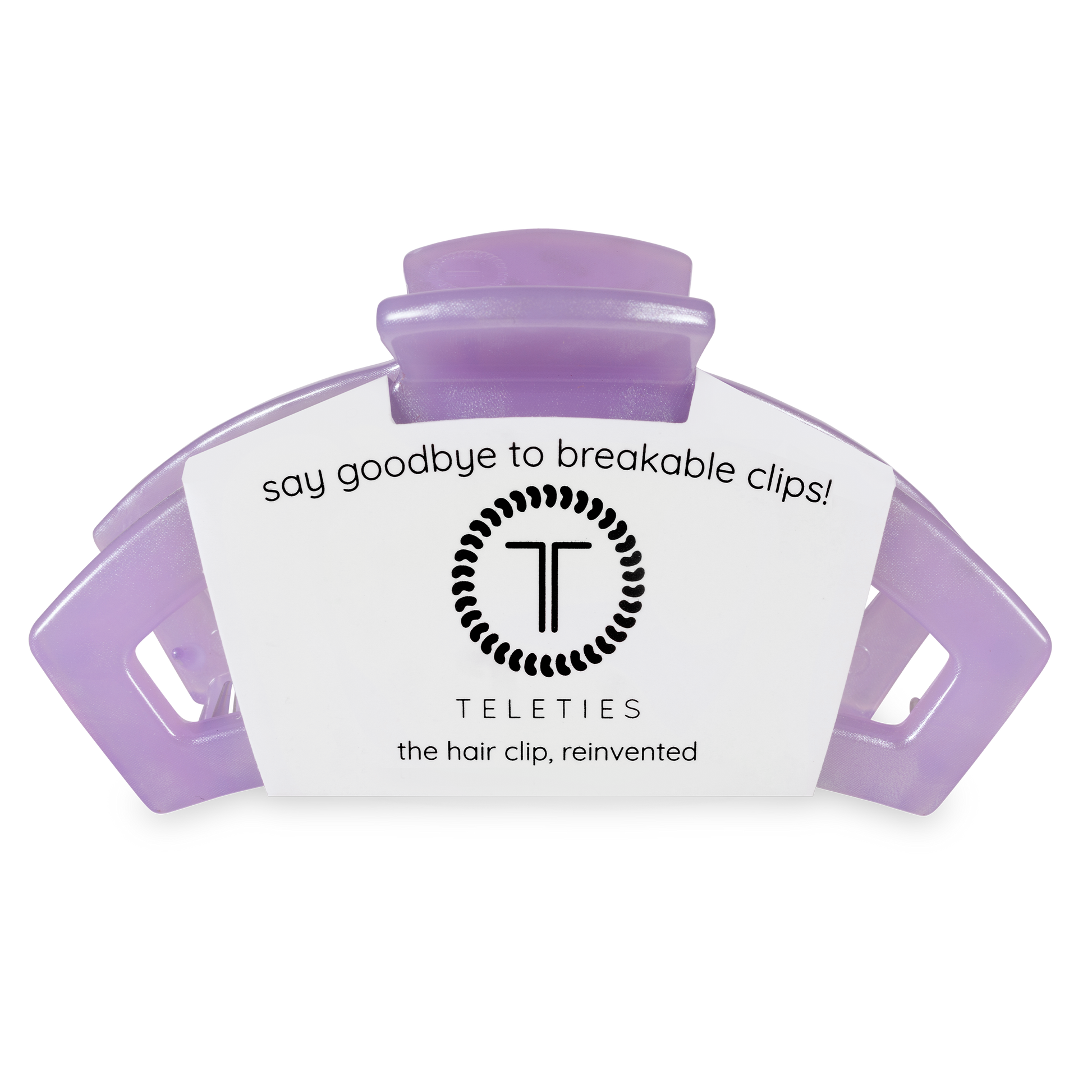 Purple hair clip with a white label displaying 'Teleties' on a white background