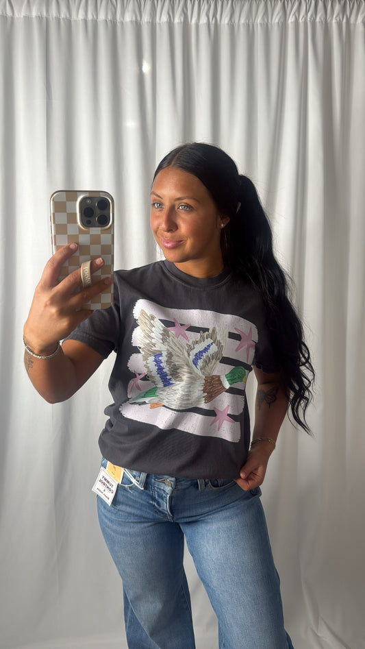 Women's charcoal Mallard Duck graphic tee with colorful duck and star design