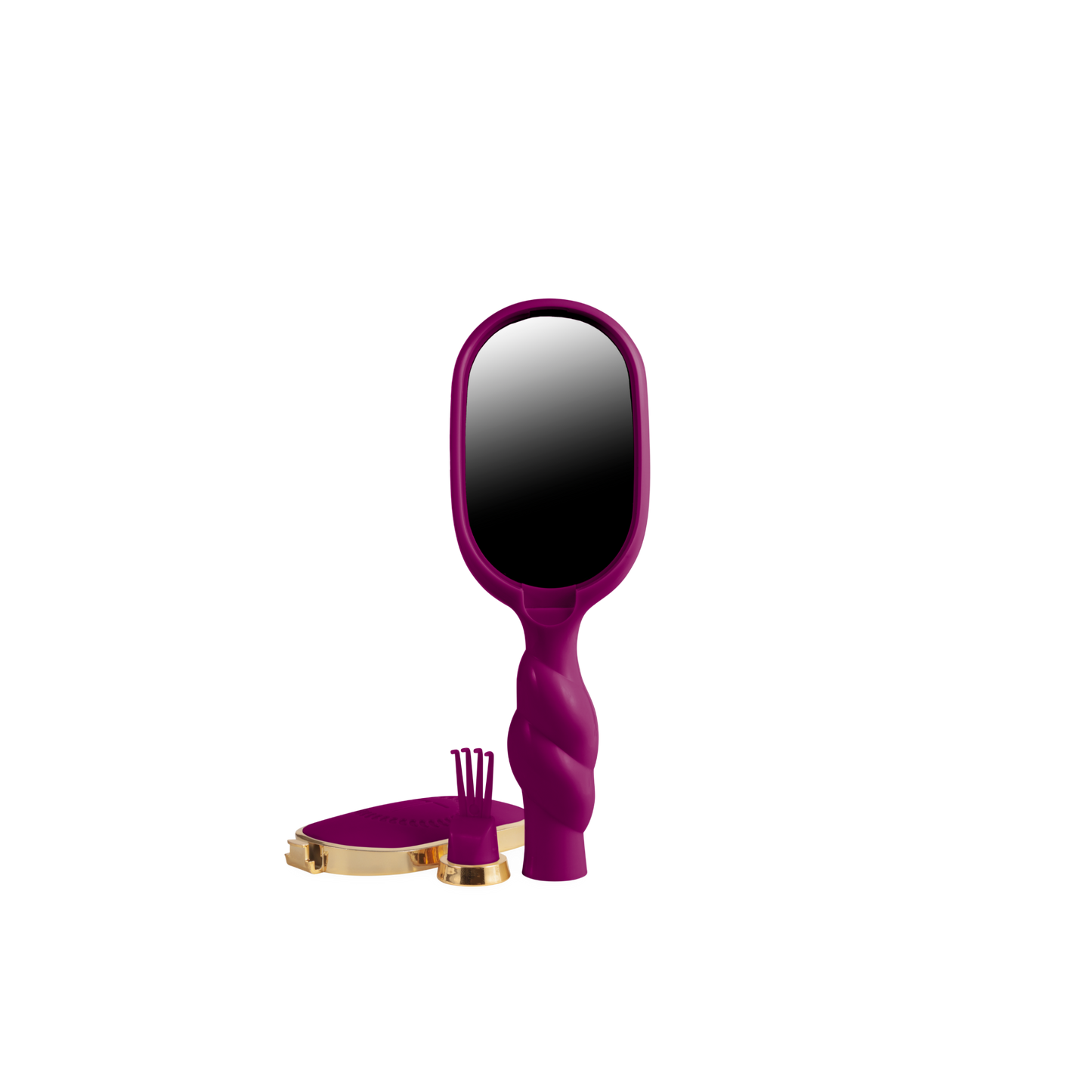 A purple handheld mirror with a twisted handle and gold trim, shown with its matching purple and gold stand on a plain white background.