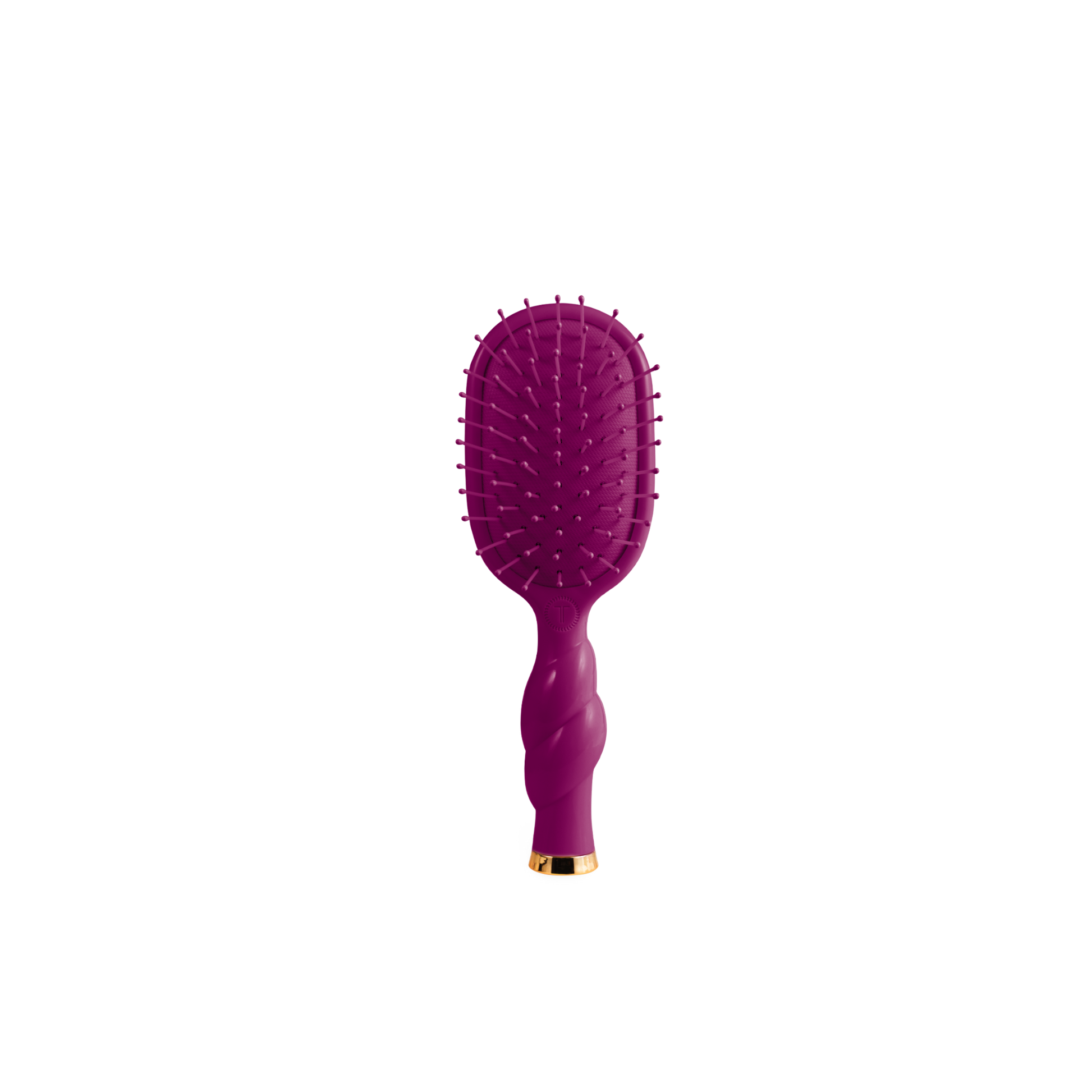 A purple oval hairbrush with a twisted handle and a small gold accent at the base, shown against a plain white background.