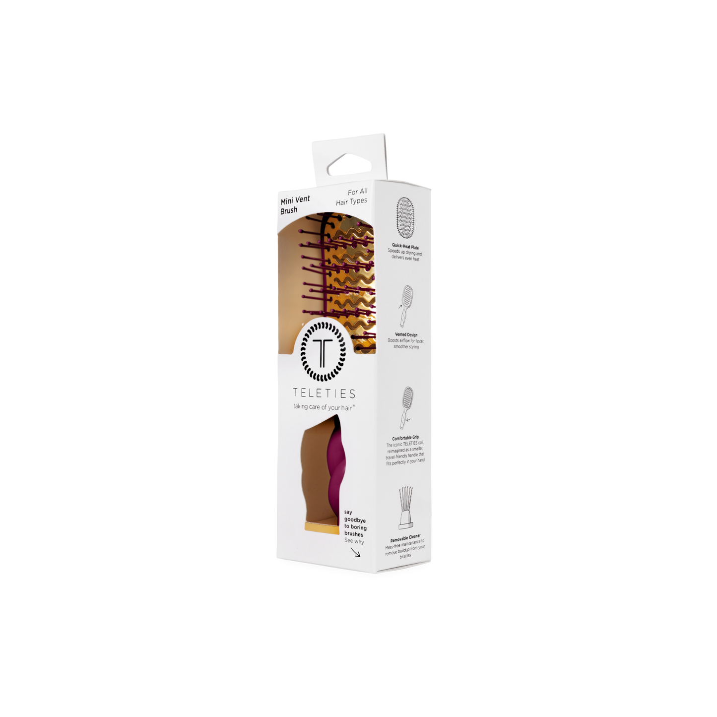 Teleties hair styling brush in Mini White, shown in its original white cardboard packaging with a clear window displaying the brush.