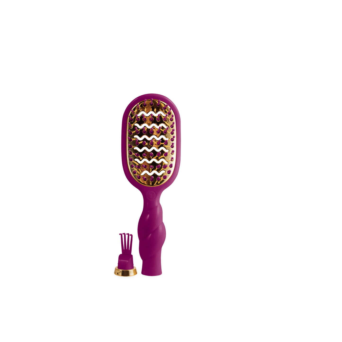 A purple hairbrush with gold-toned bristles and a matching purple and gold brush attachment, shown on a plain white background.