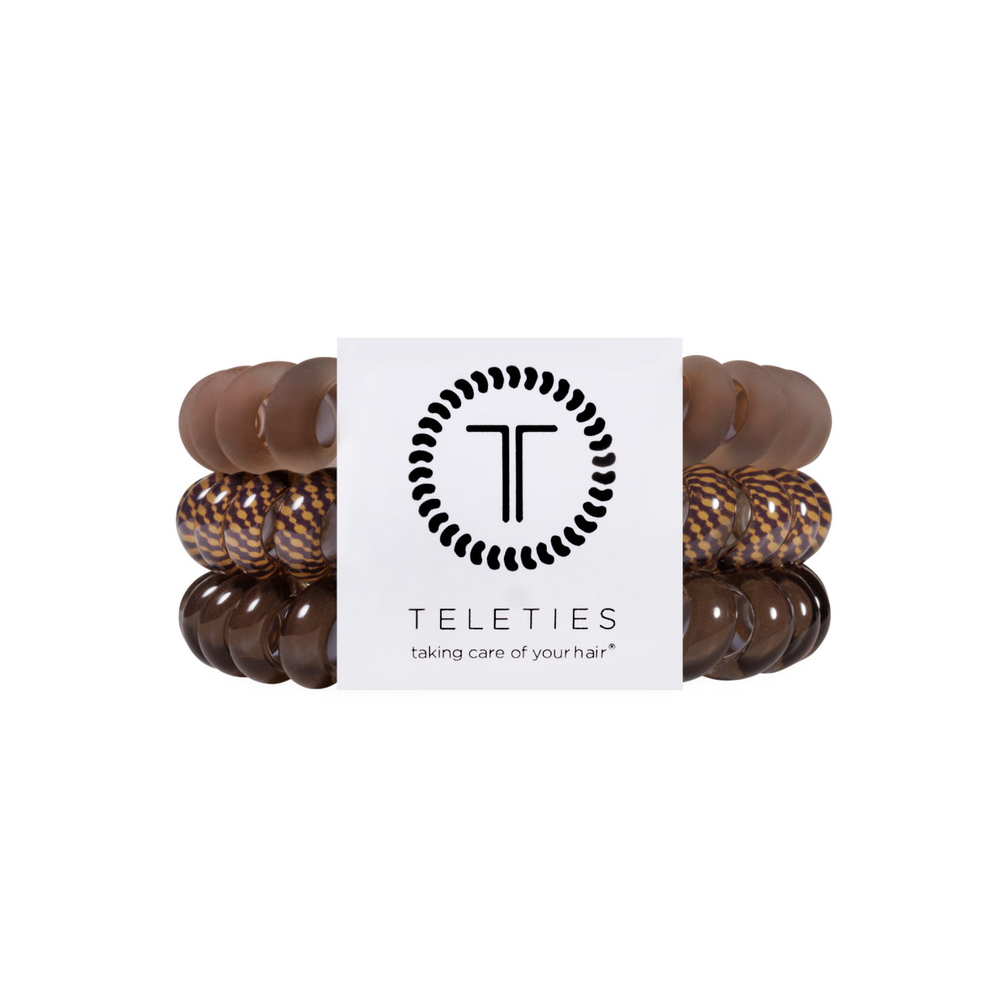 Set of brown hair ties with a white label displaying 'Teleties' brand on a white background.