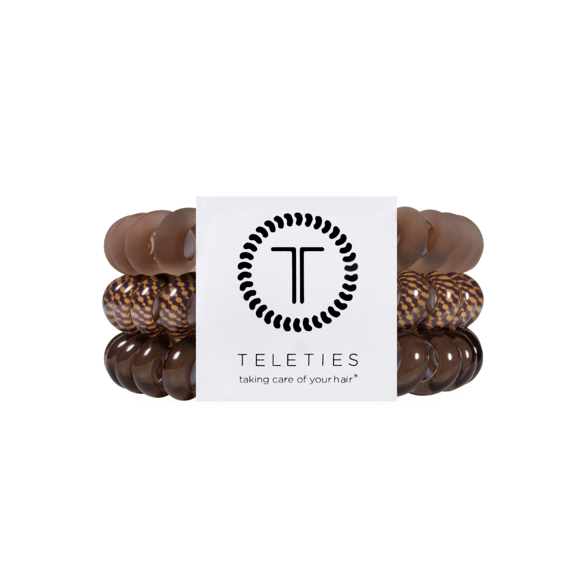 Set of brown hair ties with a white label displaying 'Teleties' brand on a white background.