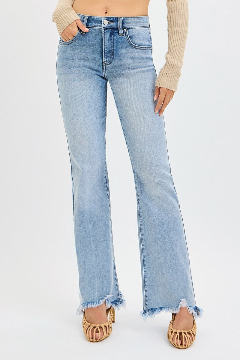 Risen Mid Rise Flare-Fray Hem Detailed Jeans with Tummy Control