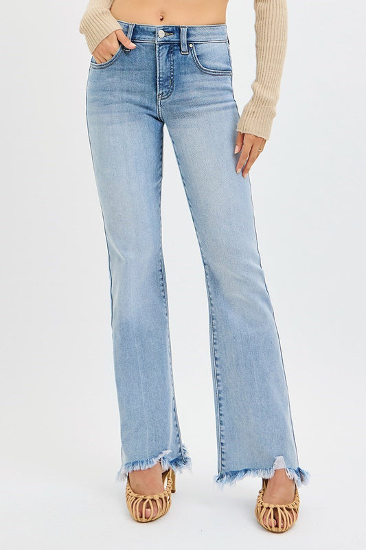 Risen Mid Rise Flare-Fray Hem Detailed Jeans with Tummy Control