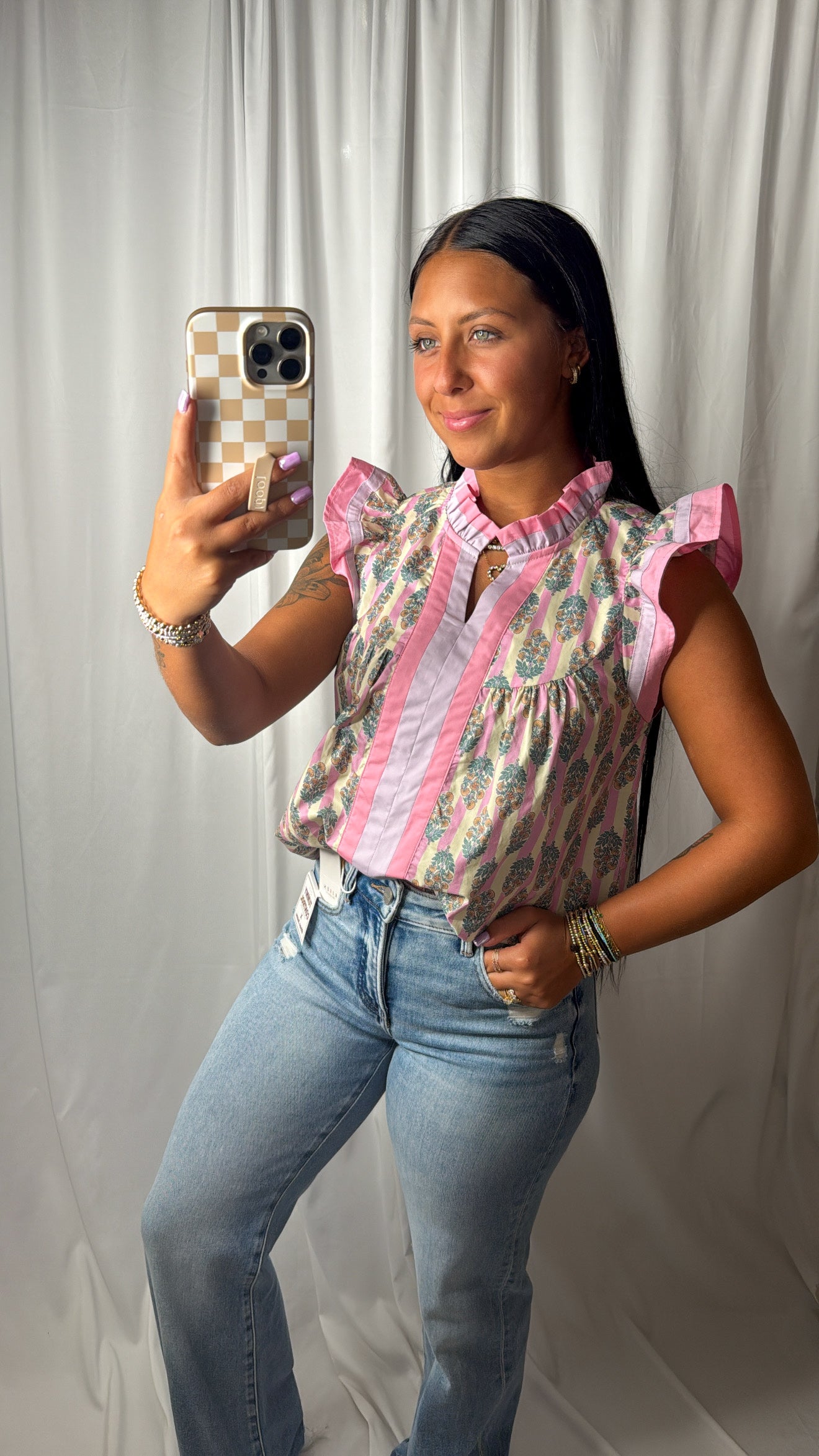Pink floral striped ruffle sleeve v-neck top