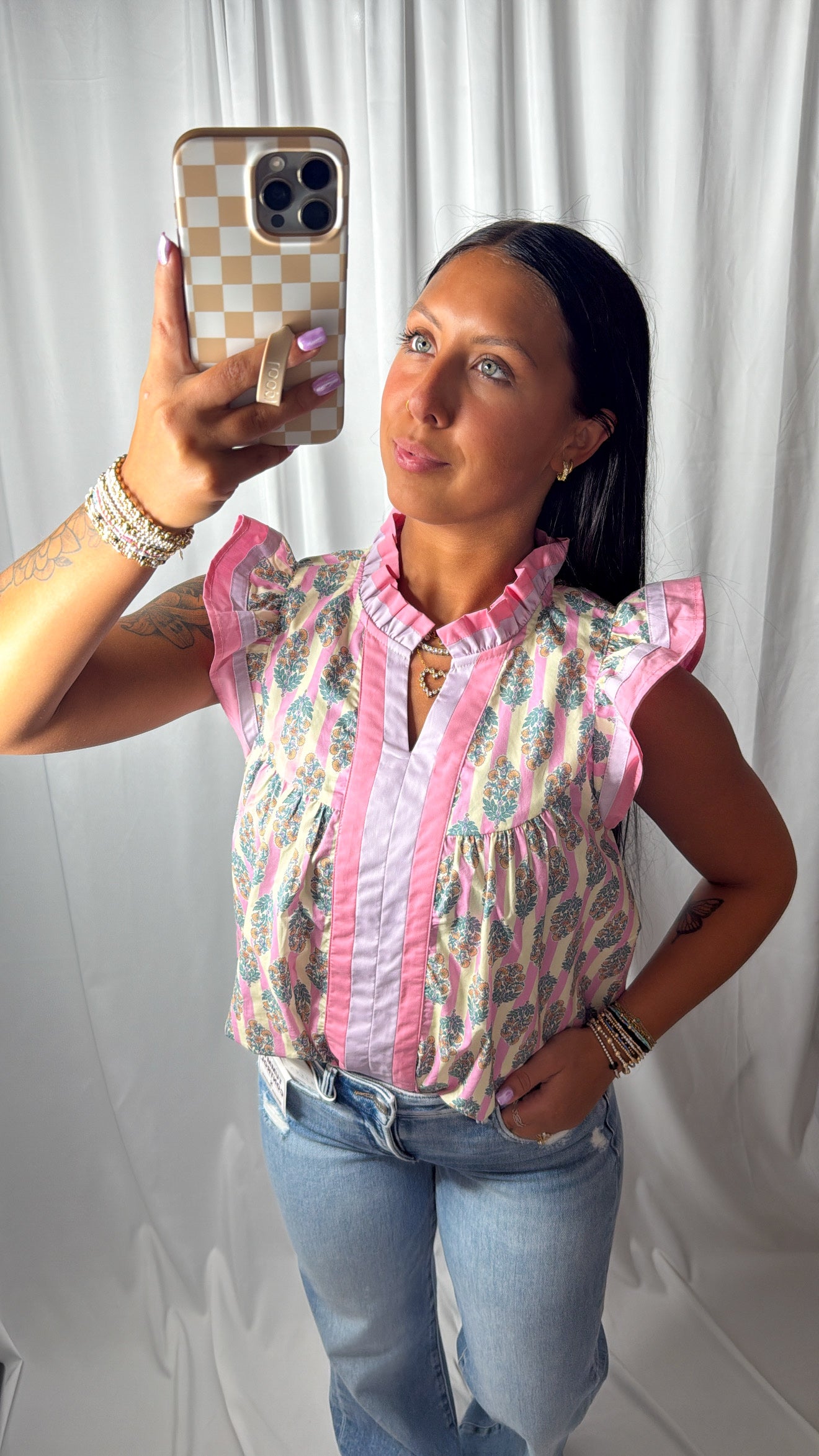 Pink floral striped V-Neck Ruffle Sleeveless Top
