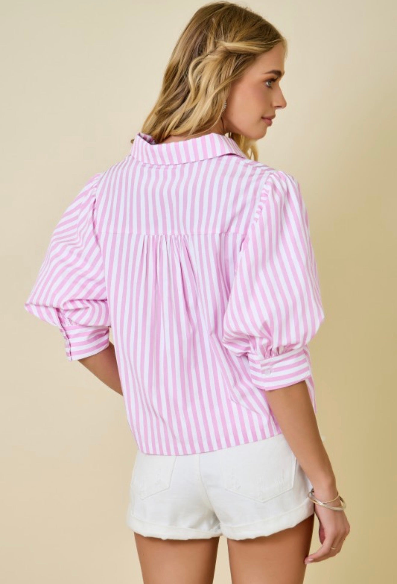 Pink and white striped top for women to wear to church or work or a casual outing