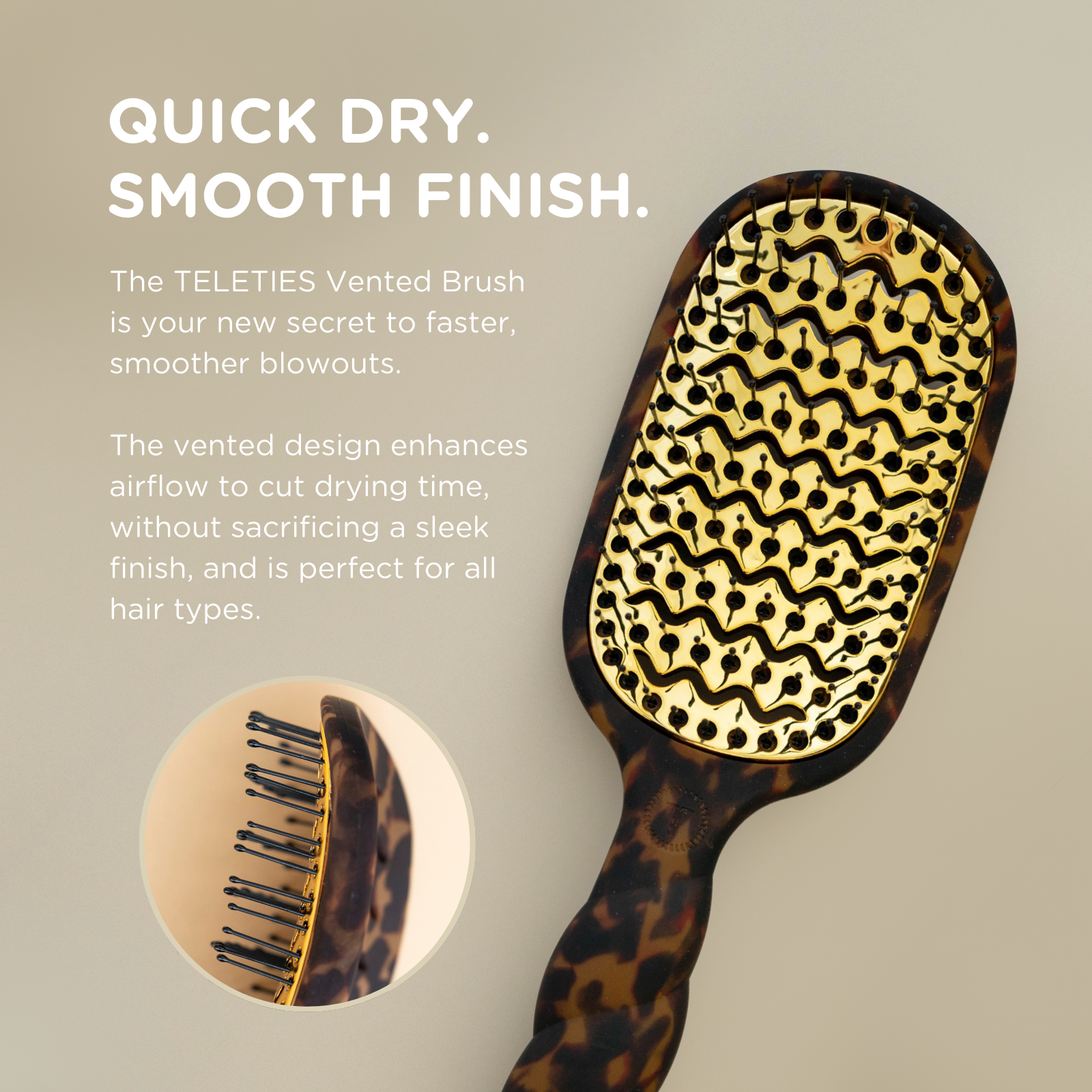 Leopard print hairbrush with text about TELETIES Vented Brush on a beige background