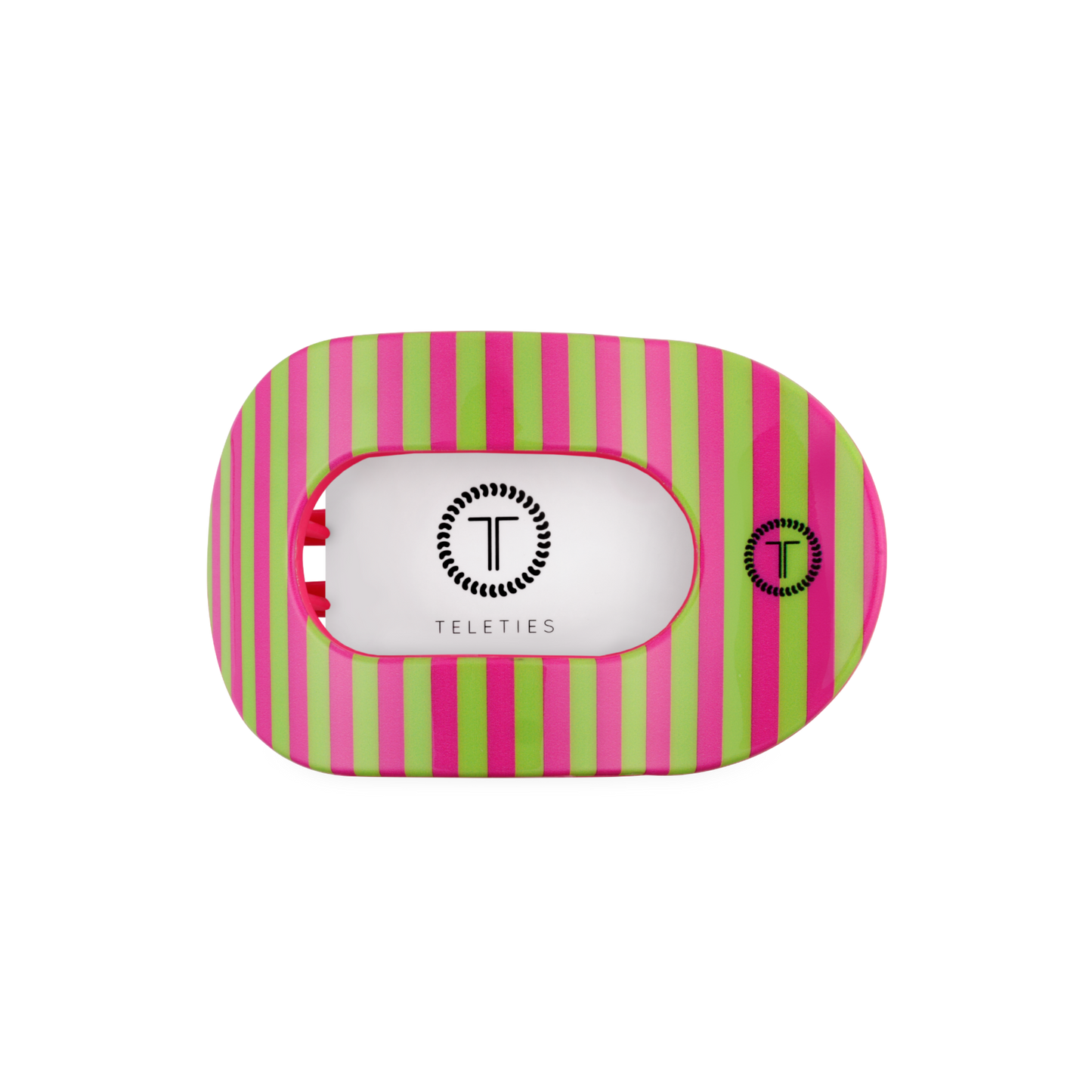 Round hair clip with pink and green striped pattern on a white background