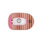 Round hair clip with pink and green striped pattern on a white background