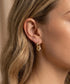 Close-up of a person wearing a gold hoop earring with a small diamond.