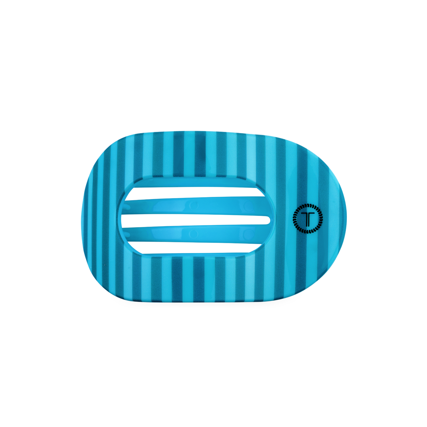 Blue teleties hair clip with striped pattern on a white background