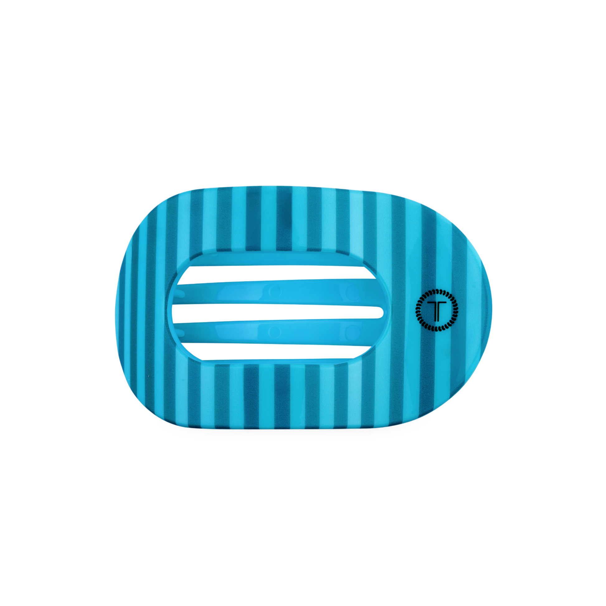 Blue teleties hair clip with striped pattern on a white background