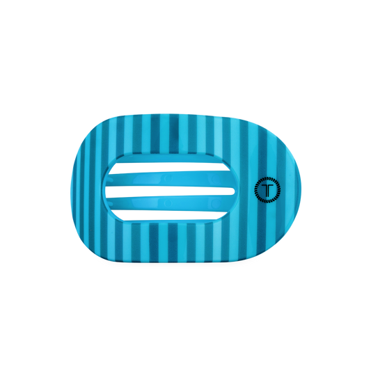 Blue teleties hair clip with striped pattern on a white background
