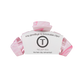 Pink hair clip with teleties white label on a white background