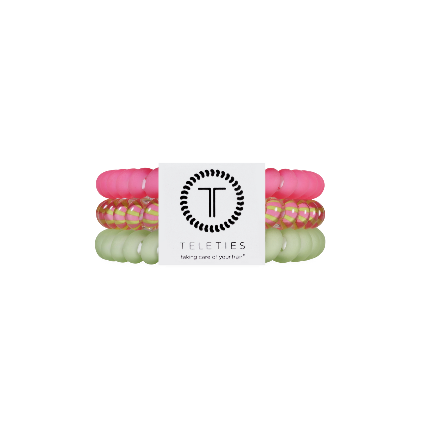 Set of colorful hair ties with a Teleties branded label on a white background