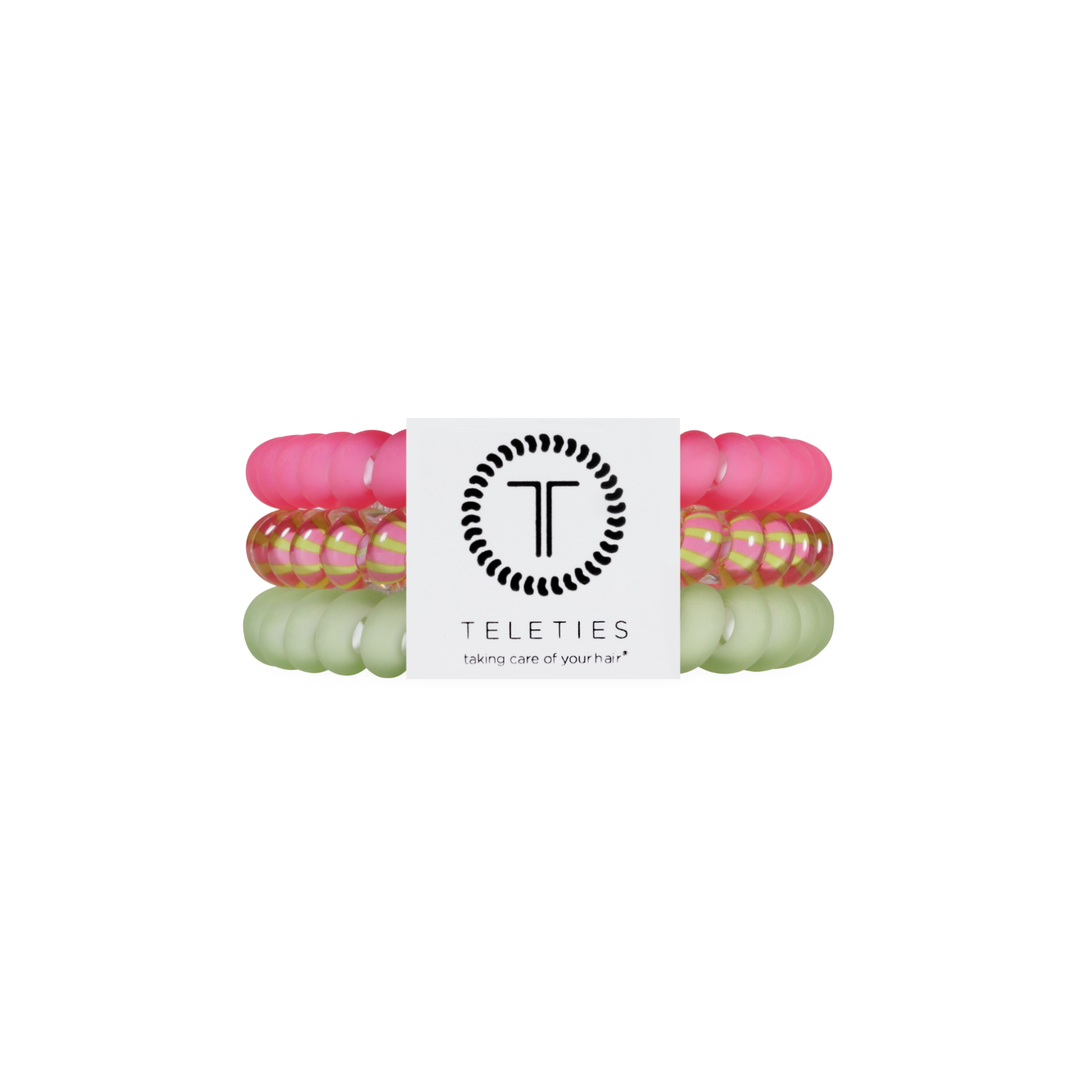 Set of colorful hair ties with a Teleties branded label on a white background