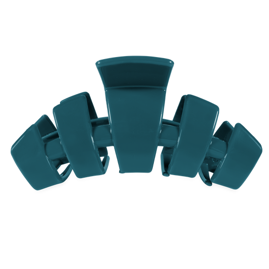 A glossy dark teal hair claw clip shown from the back on a solid white background.