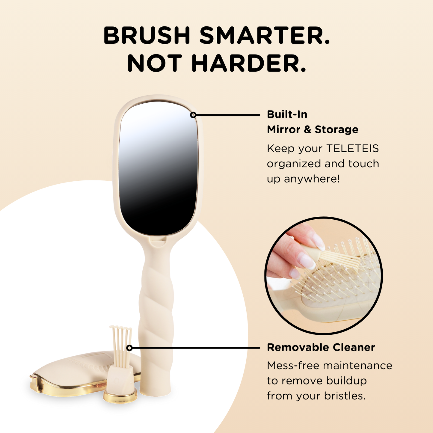 Teleteis hairbrush with mirror and cleaning system on a beige background