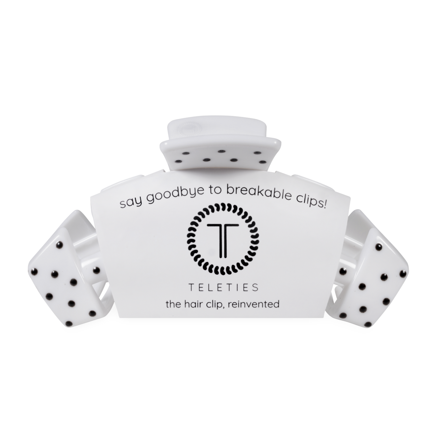 White hair clip with black accents and 'Teleties' branding on a white background