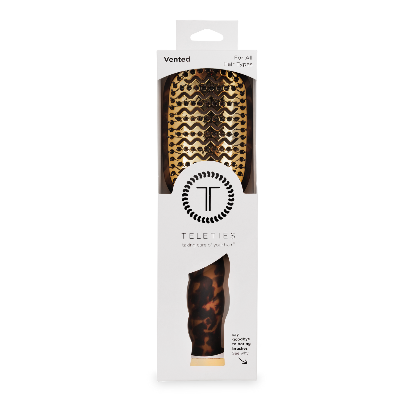 Teleties vented hairbrush packaging with leopard print design on a white background