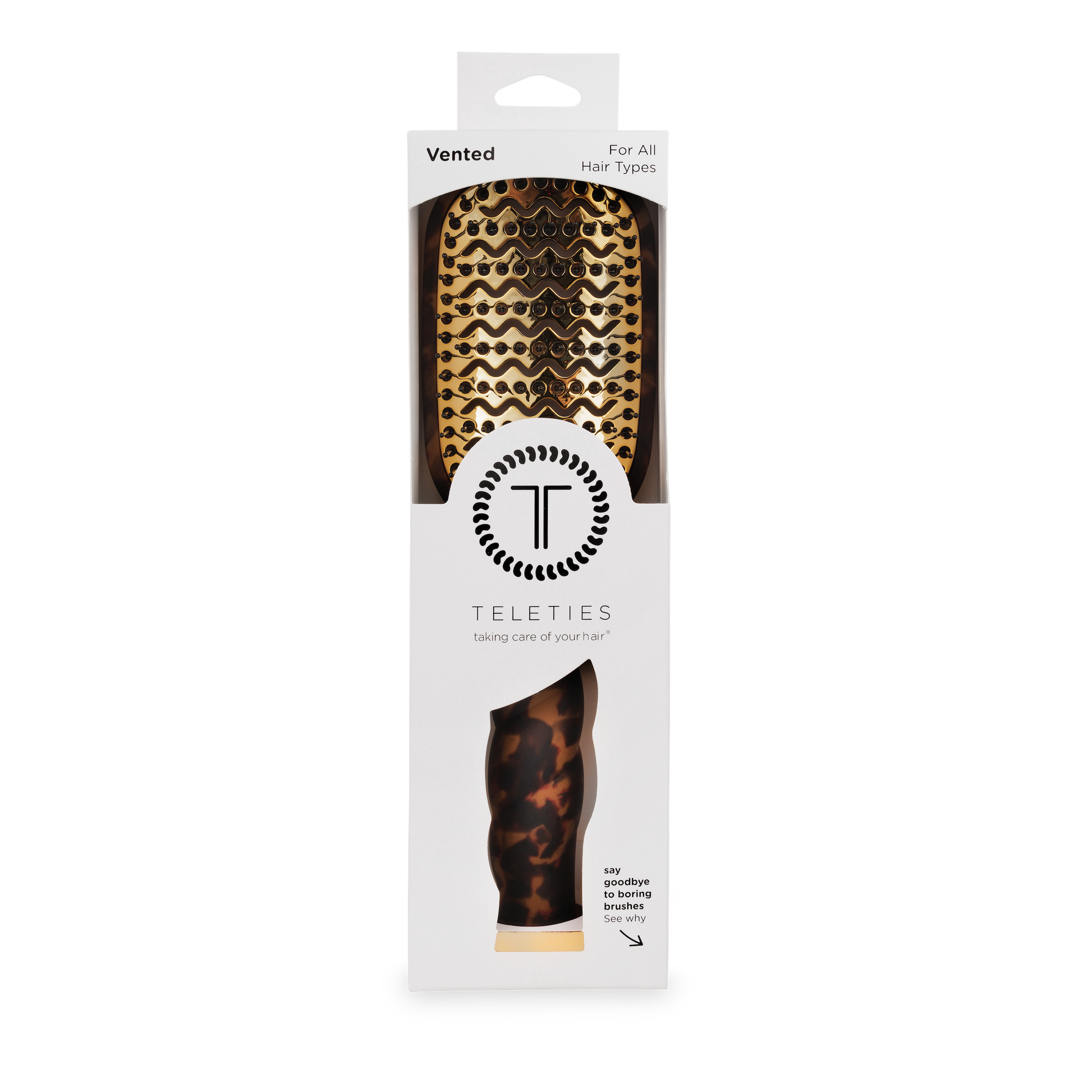 Teleties vented hairbrush packaging with leopard print design on a white background