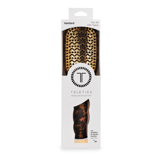 Teleties vented hairbrush packaging with leopard print design on a white background
