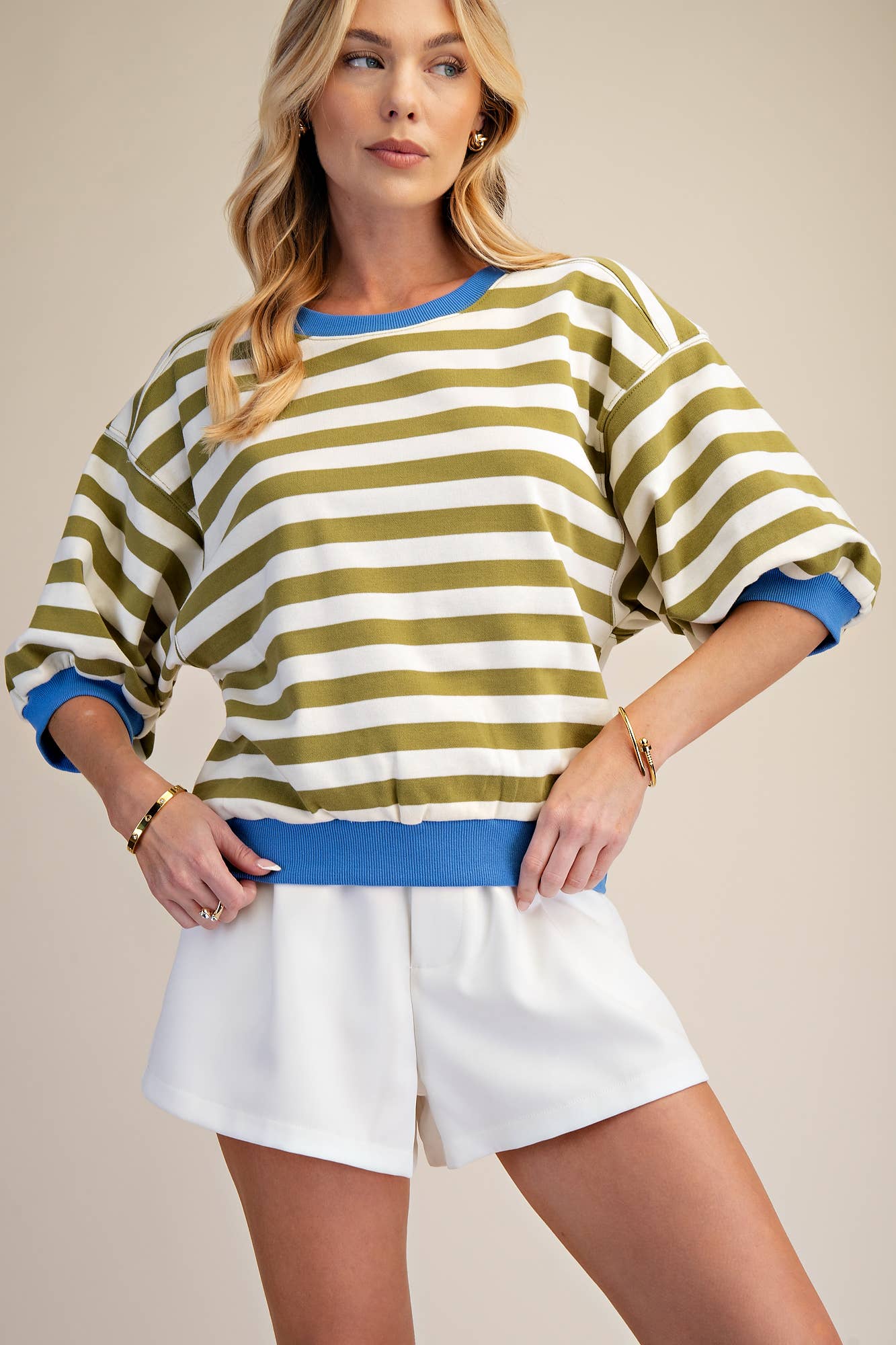 Olive Stripe Contrast Time Round Neck Bubble Sleeve Top