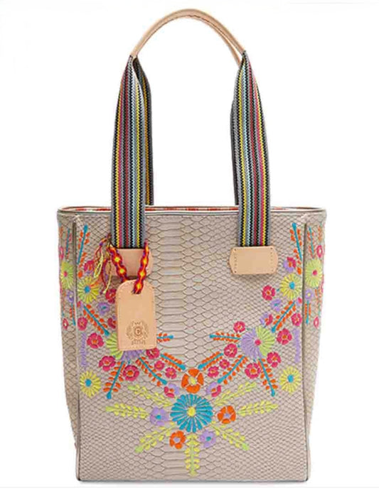Beige floral tote bag colorful floral embroidery and striped shoulder straps 