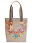 Beige floral tote bag colorful floral embroidery and striped shoulder straps 