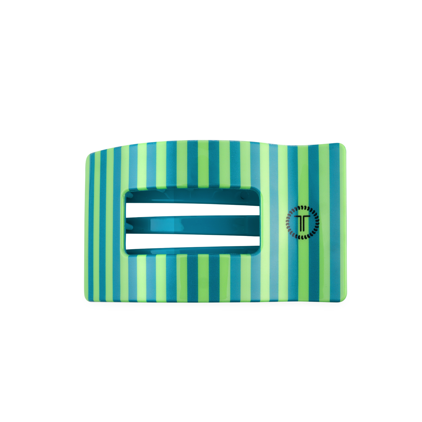Striped green and blue hair clip with a brand logo on a white background