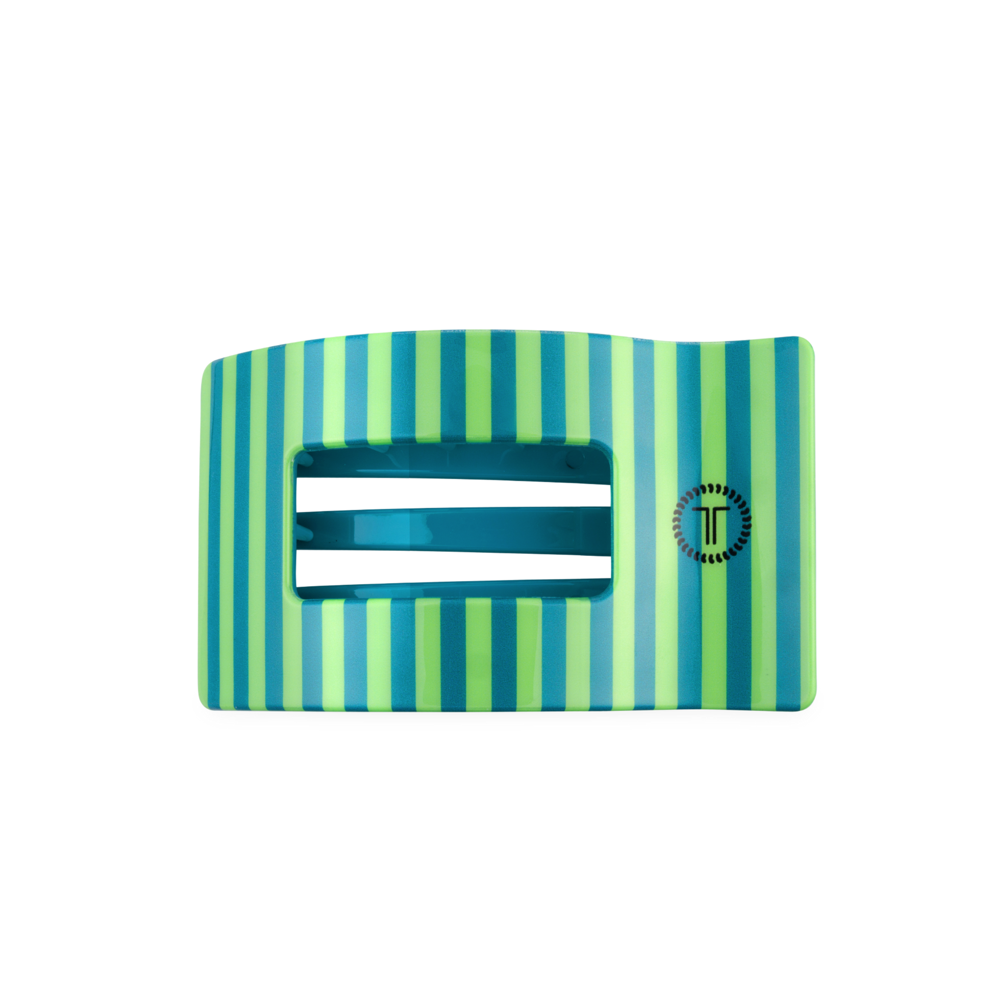 Striped green and blue hair clip with a brand logo on a white background