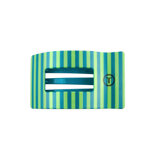 Striped green and blue hair clip with a brand logo on a white background
