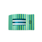 Striped green and blue hair clip with a brand logo on a white background