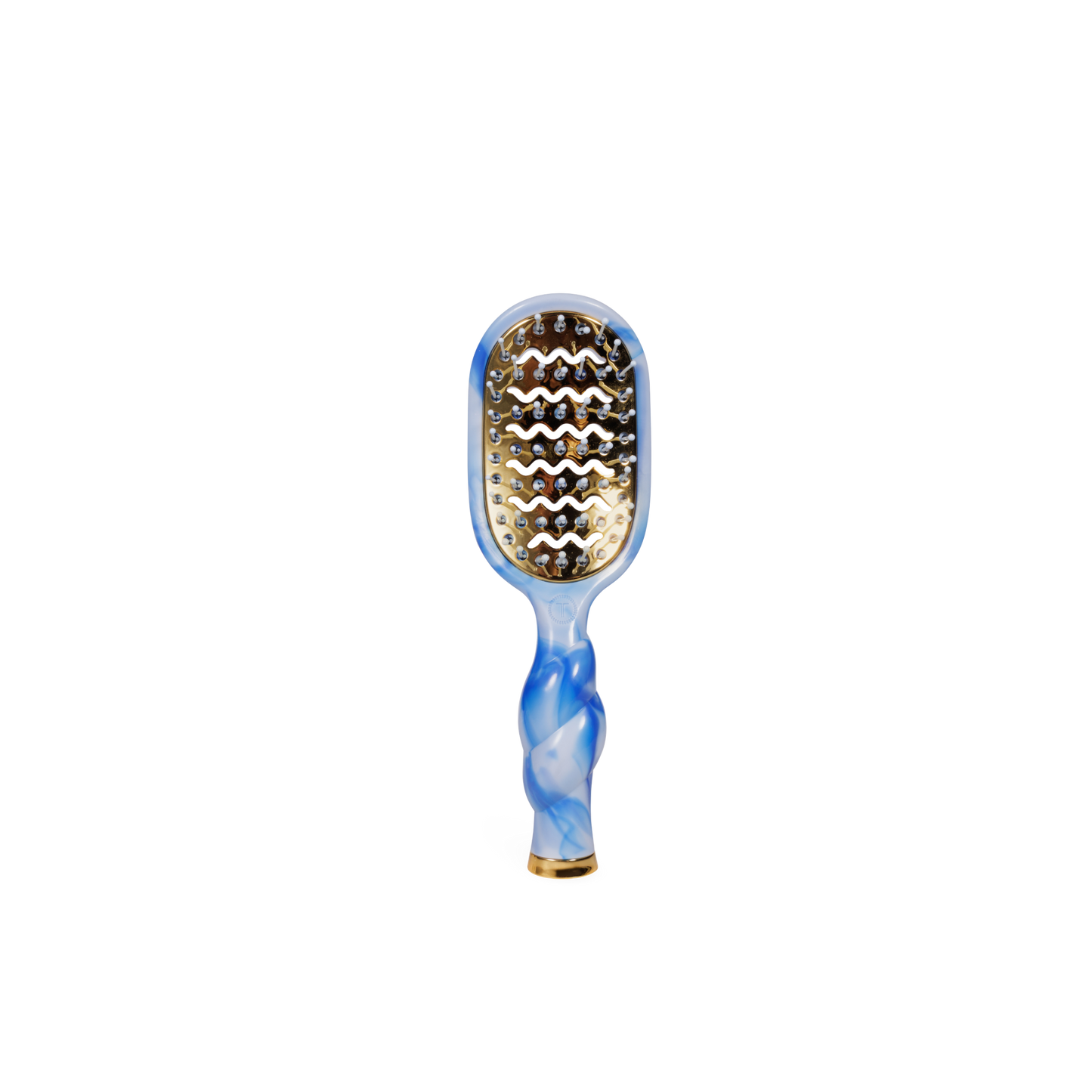 Paddle hairbrush with blue and white handle on a white background