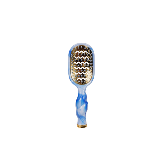 Paddle hairbrush with blue and white handle on a white background