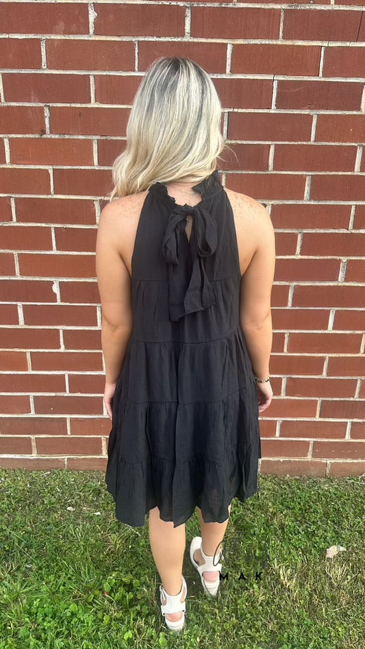 Black Sleeveless Ruffle Neckline Dress