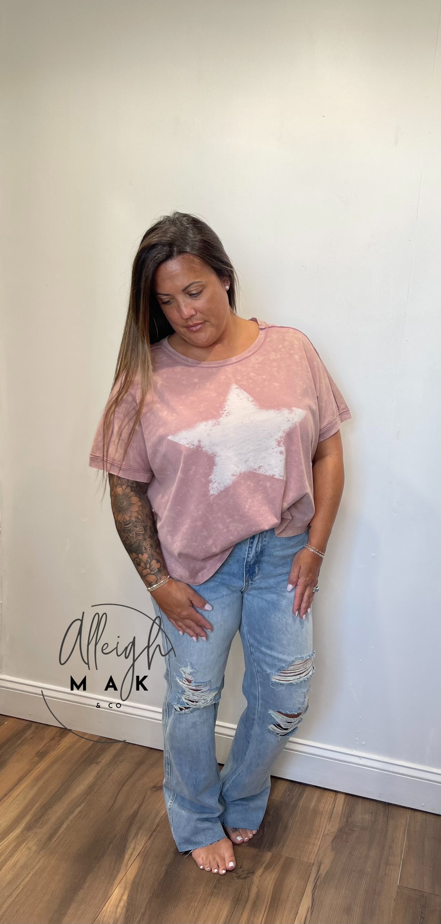 Star Print Short Sleeve Mineral Washed Knit Top