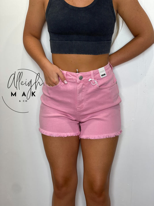 Judy Blue Garment Dyed Fray Hem Shorts Bubblegum