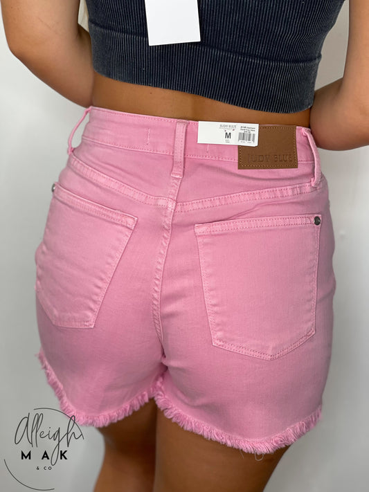 Judy Blue Garment Dyed Fray Hem Shorts Bubblegum