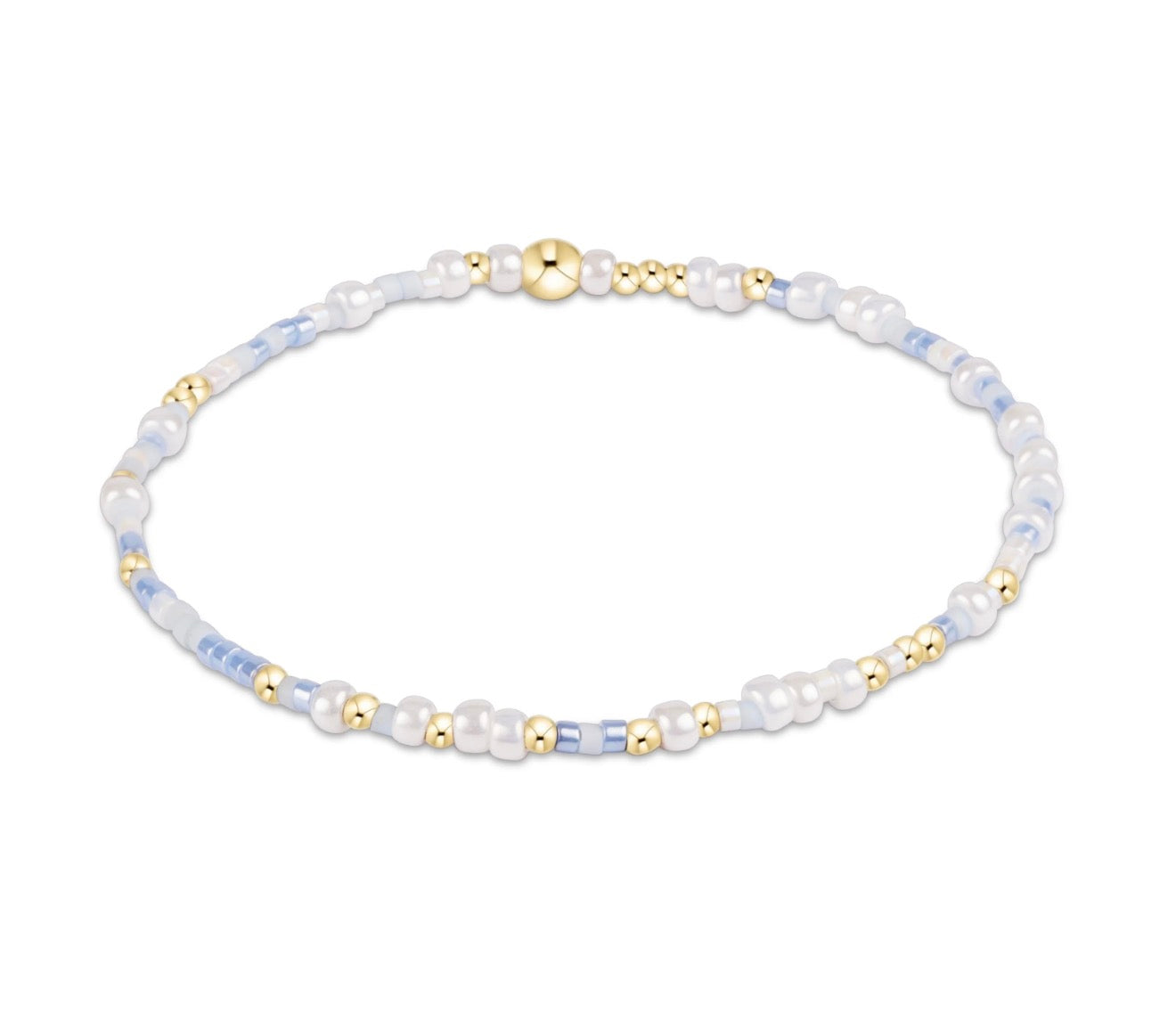 Beaded bracelet with white, gold, and blue beads on a white background