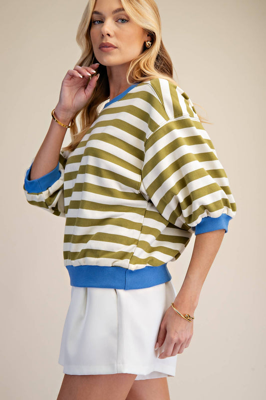Olive Stripe Contrast Time Round Neck Bubble Sleeve Top