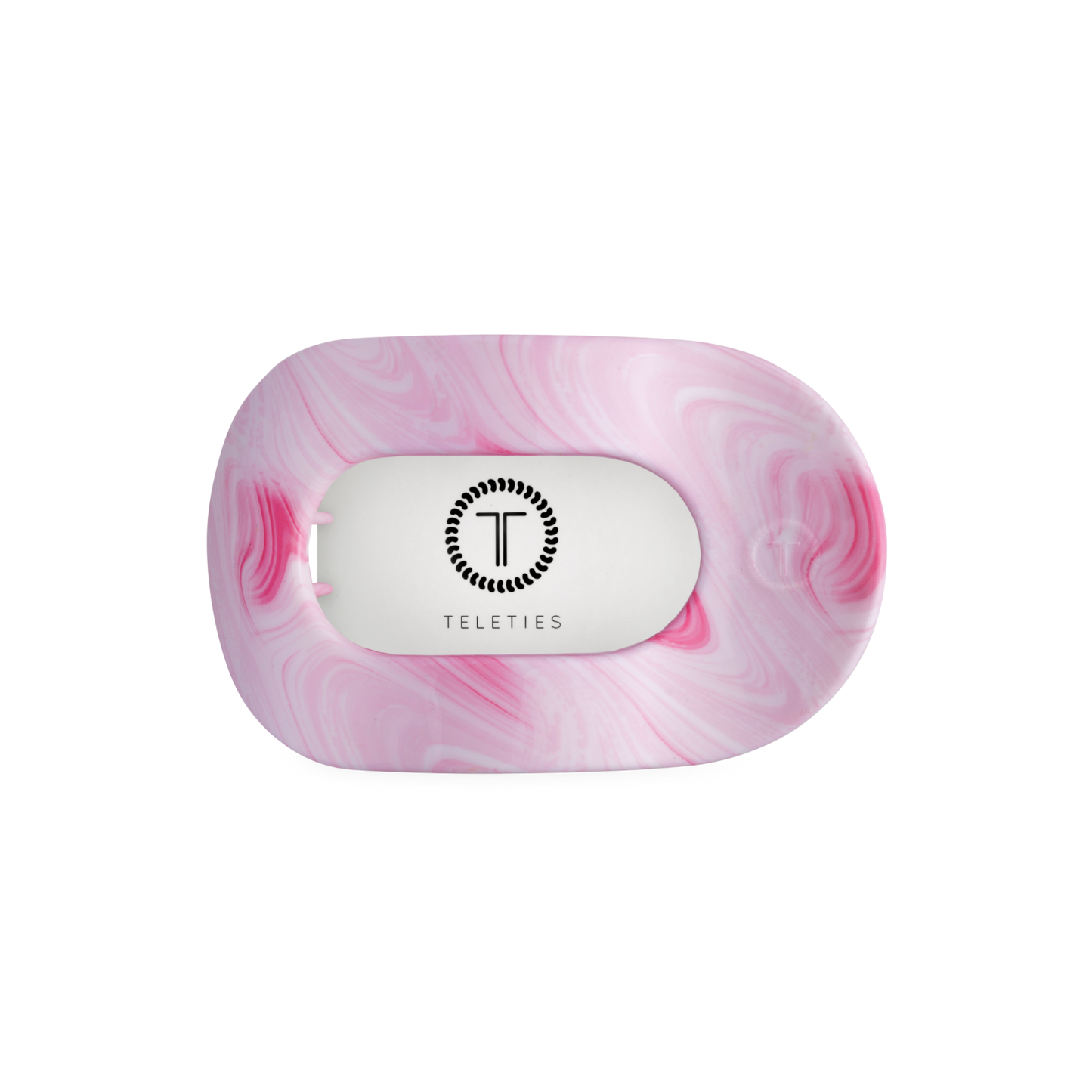 Pink marbled soap with 'Teleties' logo on a white background
