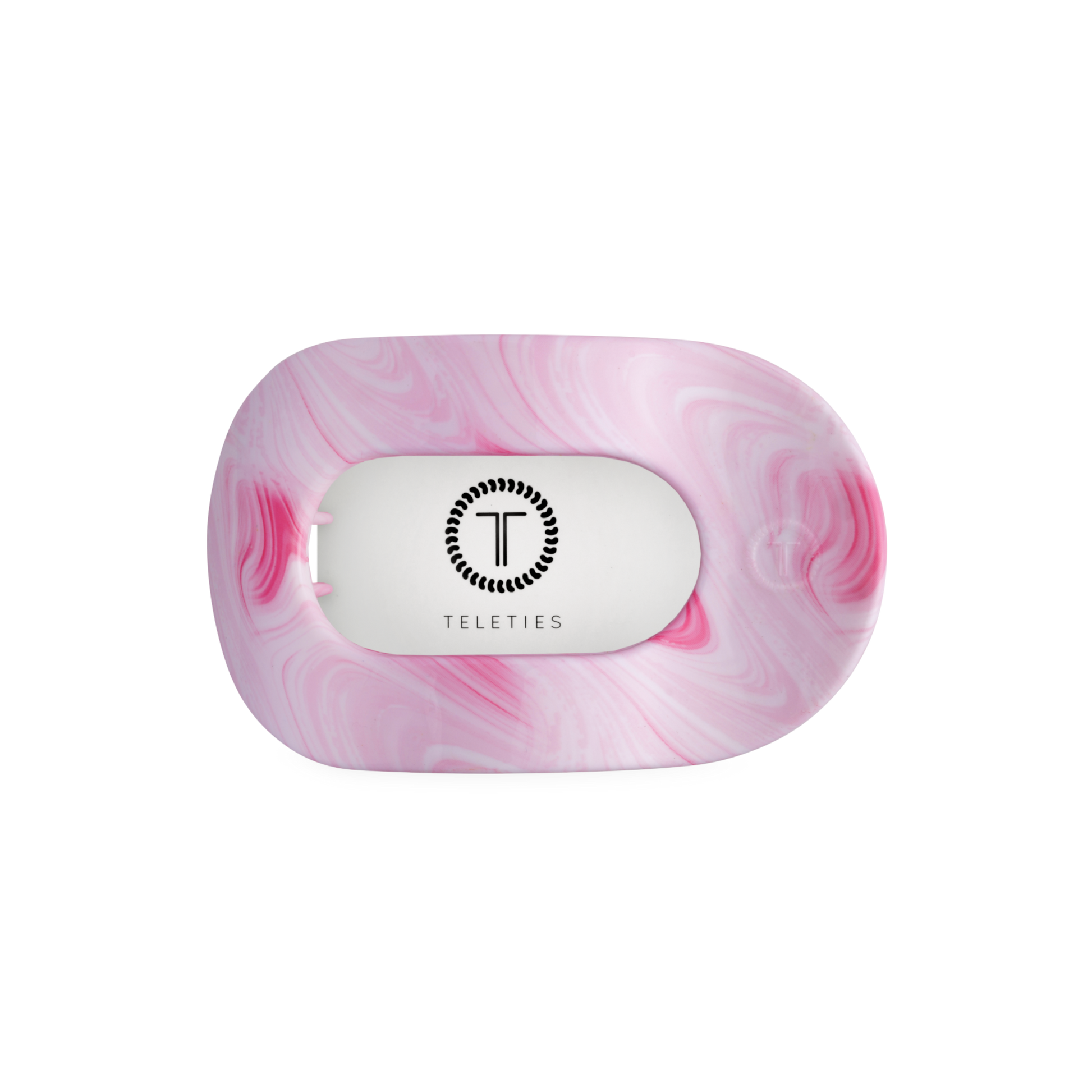 Pink marbled soap with 'Teleties' logo on a white background